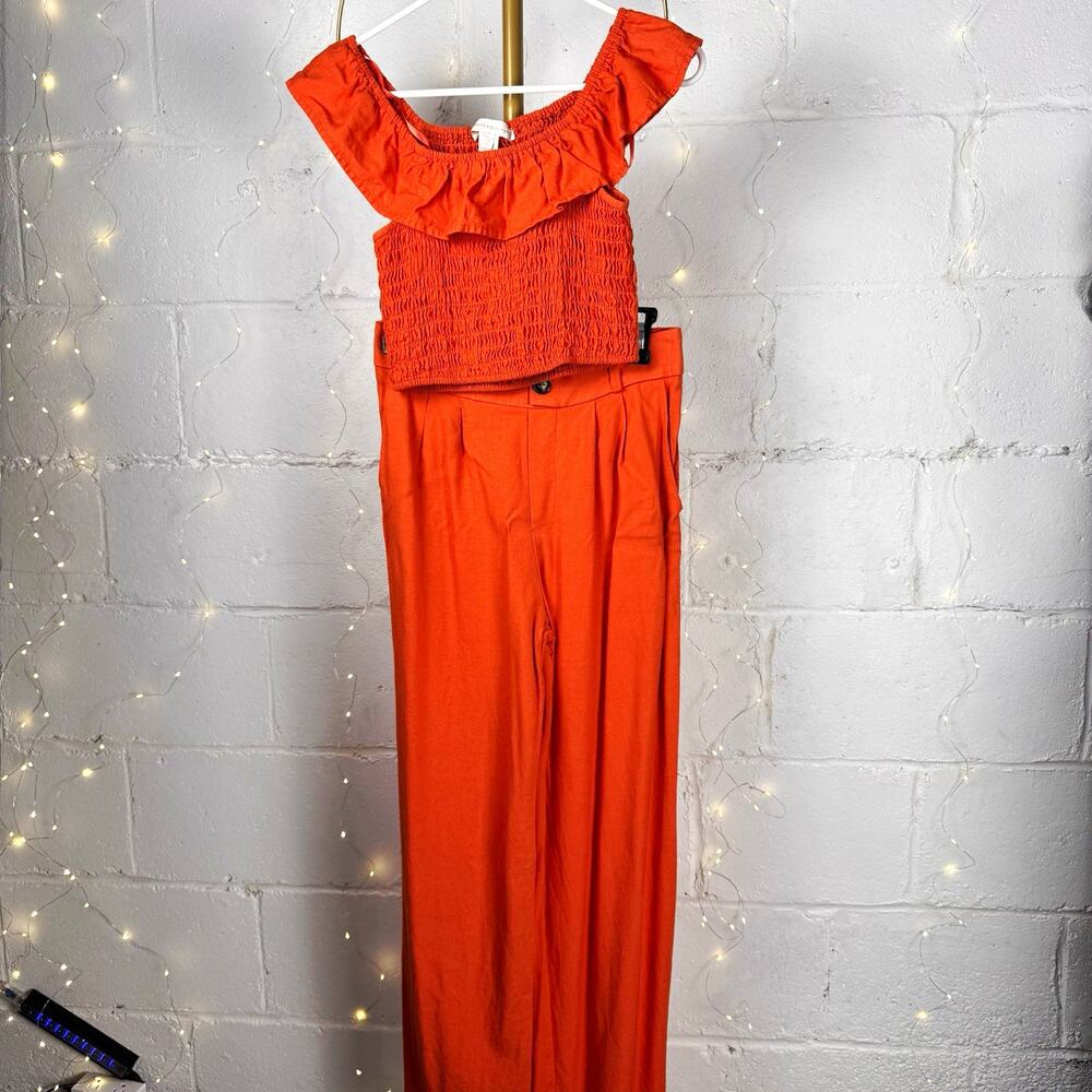 monteau los angeles women's M rust linen blend 2 piece crop top wide leg pants